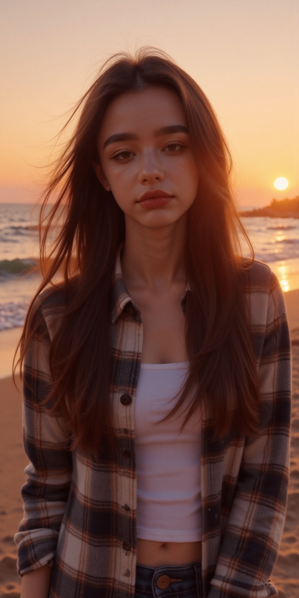 A beautiful young woman named Thea with long flowing hair,  neutral expression,  standing at sunset. The golden sunlight s...