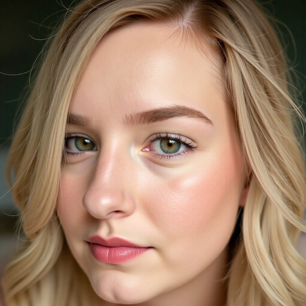 Close-up portrait of a light-skinned young woman,  likely in her late teens or early twenties. Natural light illuminates t...