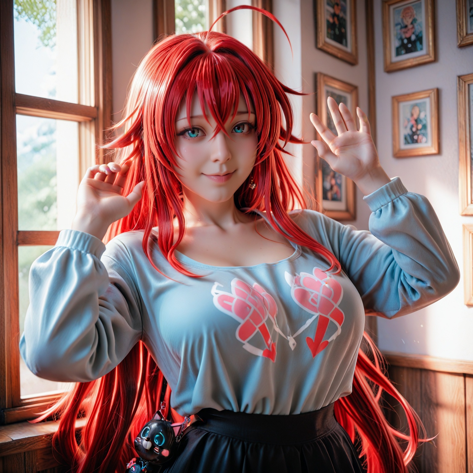 A masterpiece of kawaii Shoujo art: Rias Gremory,  a stunning solo female,  exudes casual charm while standing alongside a...