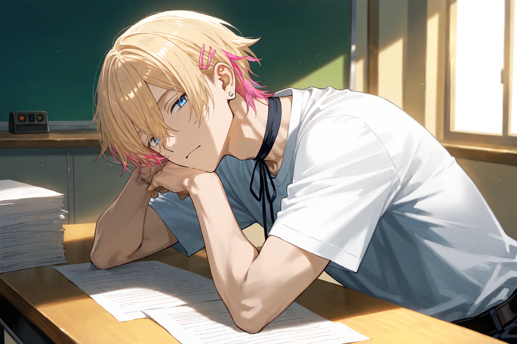 An animated image of a man. He is sitting at a desk with his hands resting on his chin.His shirt is white with a blue stri...