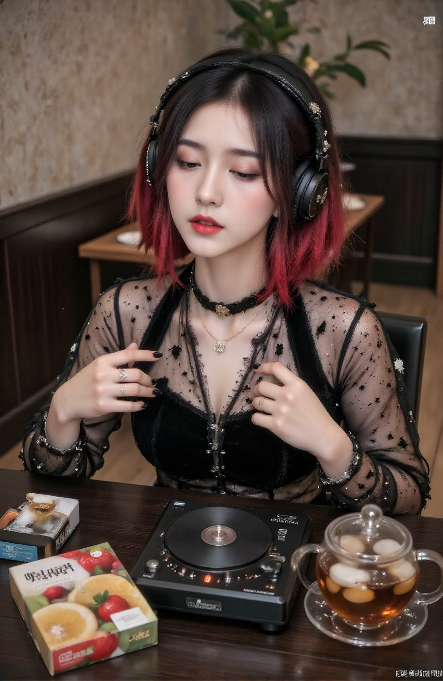 A girl is using a CD player,  which is a wireless headphone model. The girl is using Bluetooth headphones,  closing her ey...