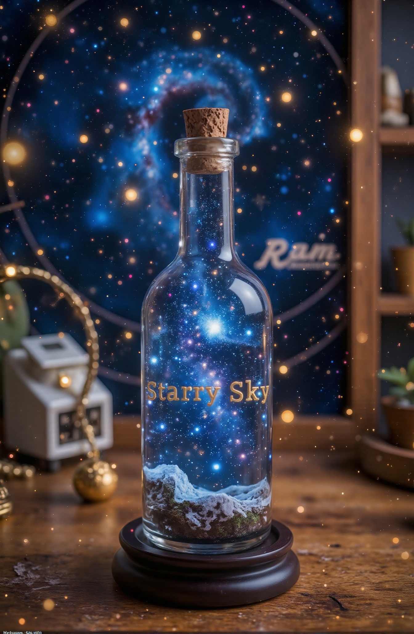 Score_9,  Close-up on the table,  creating a beautiful model of a starry sky in a glass bottle. The starry sky is brightly...