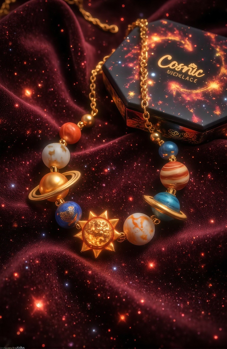 Beautiful colorful special shape gold necklace closeup. Well designed presentation and eye-catching colorful planet gold n...