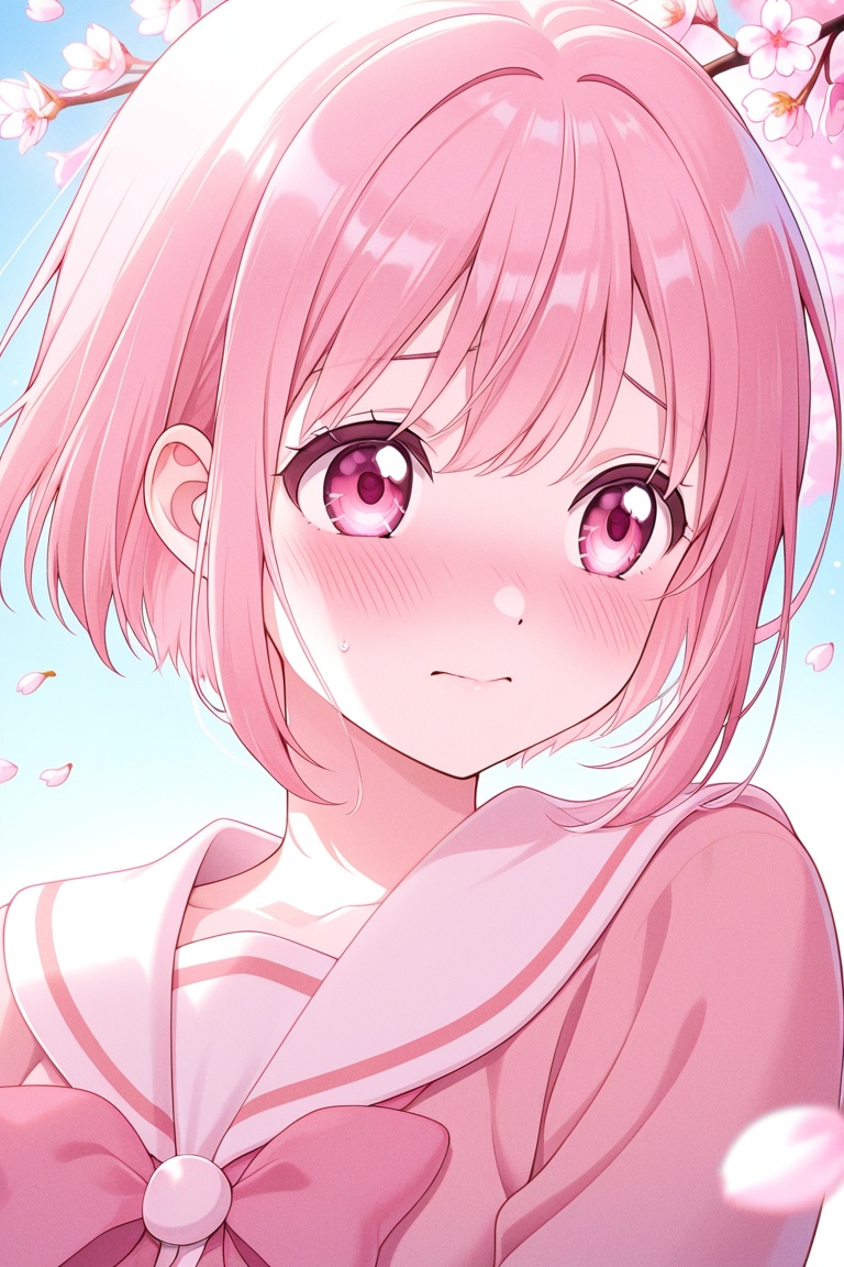 Shy anime girl with cherry blossoms falling around her,  blushing,  soft pastel colors on Tensor.Art
