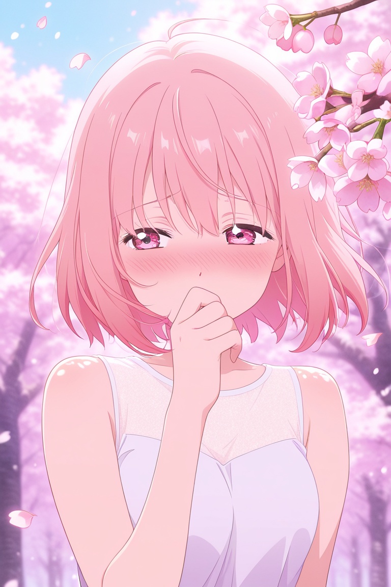 Shy anime girl with cherry blossoms falling around her,  blushing,  soft pastel colors on Tensor.Art