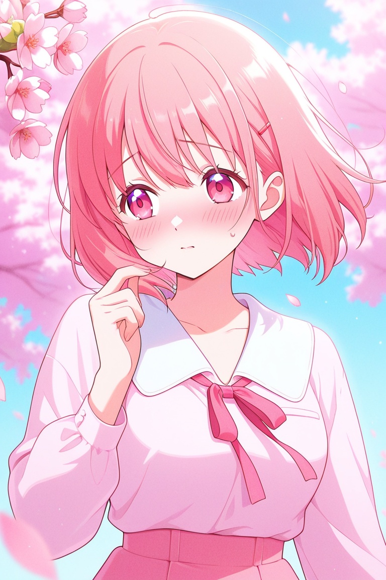 Shy anime girl with cherry blossoms falling around her,  blushing,  soft pastel colors on Tensor.Art