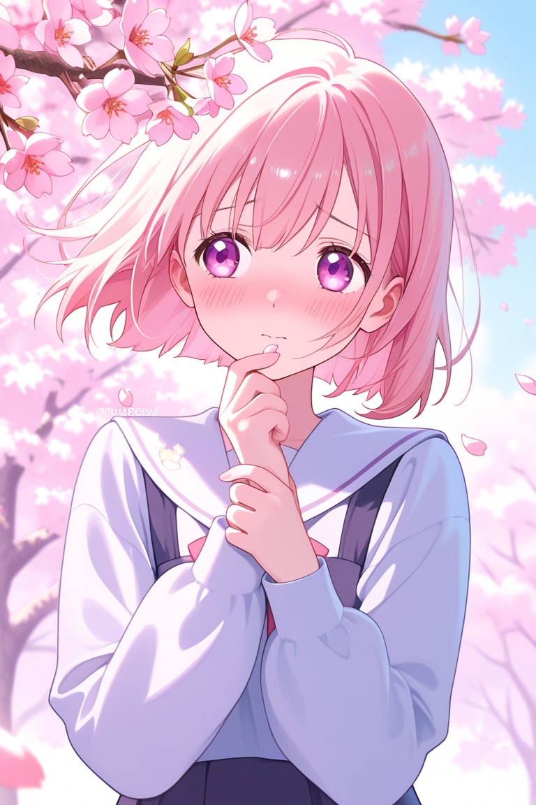 Shy anime girl with cherry blossoms falling around her,  blushing,  soft pastel colors on Tensor.Art