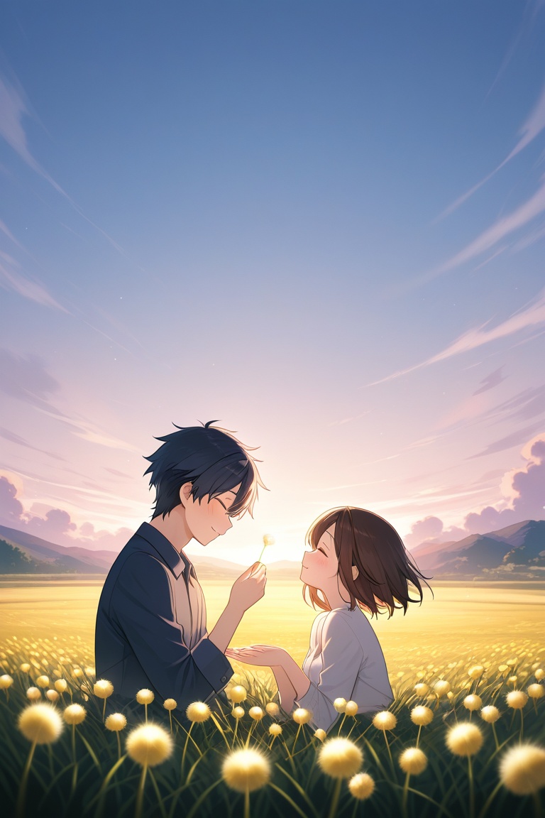 Anime couple making a wish together on a dandelion field,  soft breeze,  emotional atmosphere on Tensor.Art