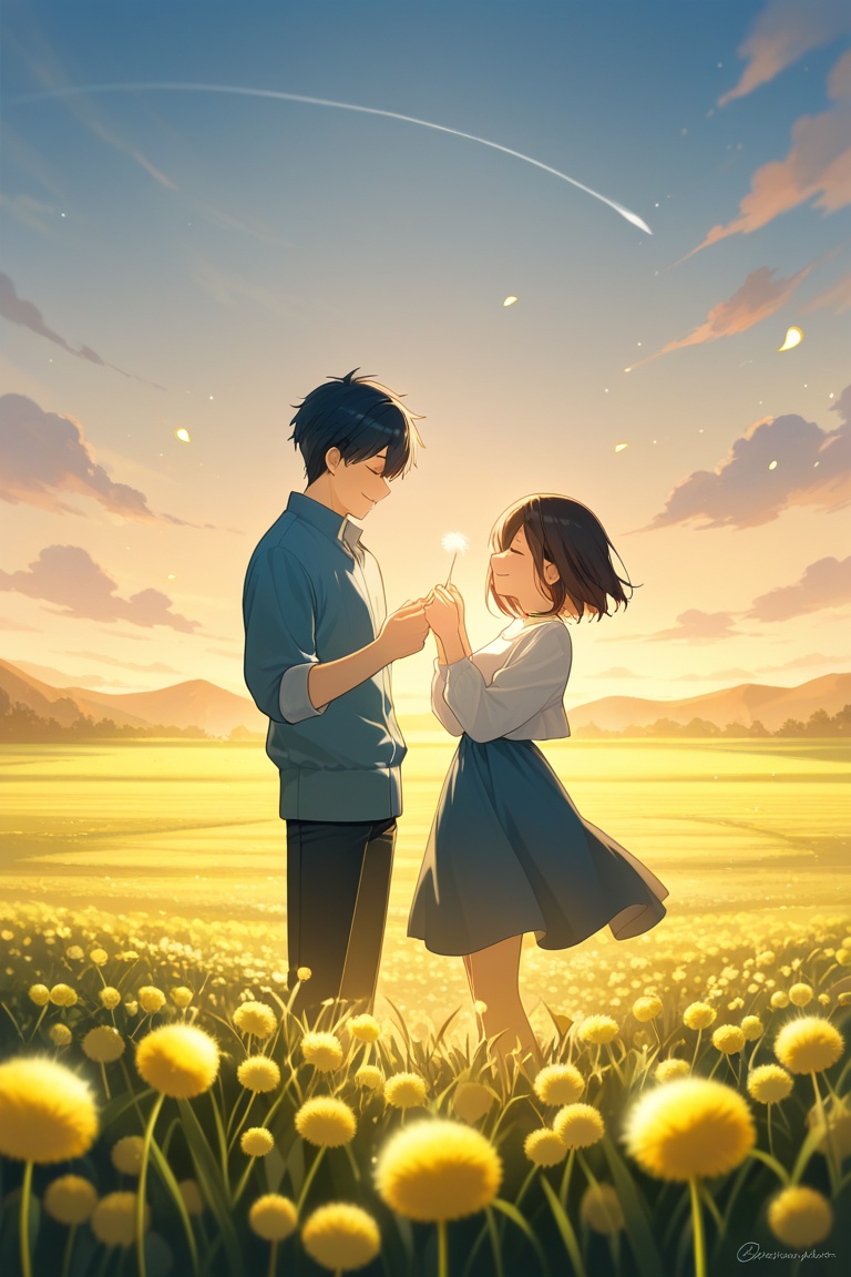 Anime couple making a wish together on a dandelion field,  soft breeze,  emotional atmosphere on Tensor.Art