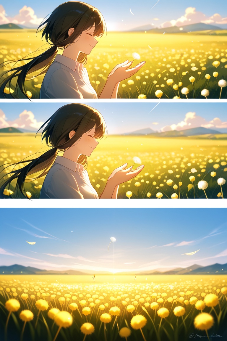 Anime couple making a wish together on a dandelion field,  soft breeze,  emotional atmosphere on Tensor.Art
