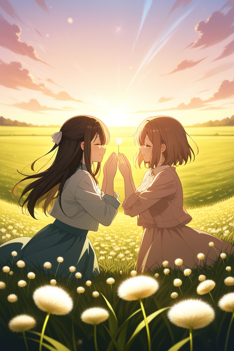 Anime couple making a wish together on a dandelion field,  soft breeze,  emotional atmosphere on Tensor.Art
