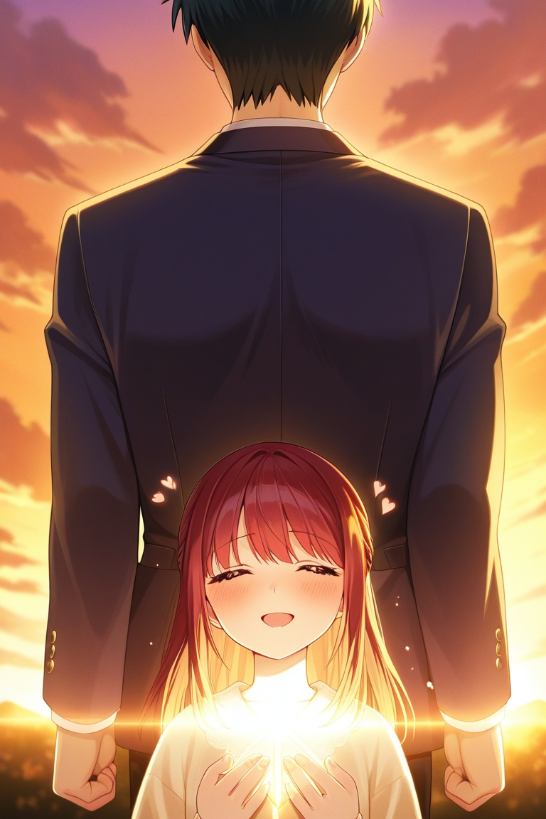 Anime boy confessing love to girl under golden sunset,  emotional expression,  warm romantic anime style on Tensor.Art