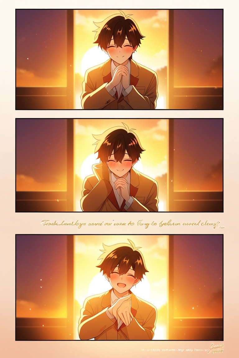 Anime boy confessing love to girl under golden sunset,  emotional expression,  warm romantic anime style on Tensor.Art