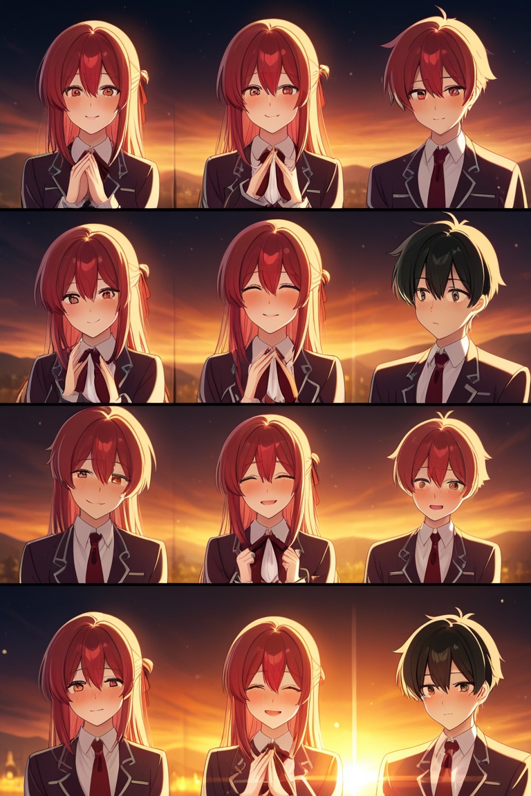 Anime boy confessing love to girl under golden sunset,  emotional expression,  warm romantic anime style on Tensor.Art