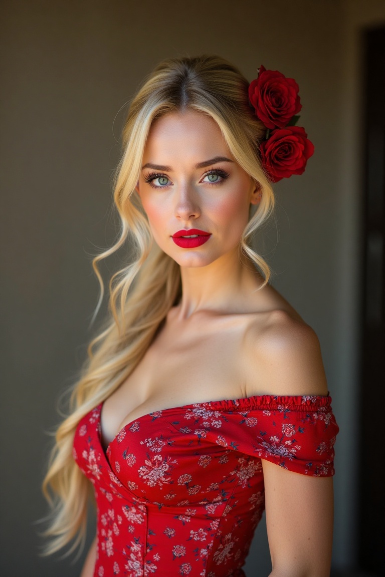 A woman is standing in front of a blurred background. She is wearing a short sleeved red dress. The dress has a floral pat...