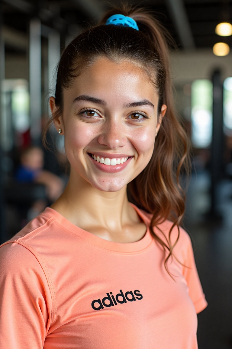 A young woman is posing for a close-up shot. She is standing in a gym,  with gym equipment in the background. Her hair is...