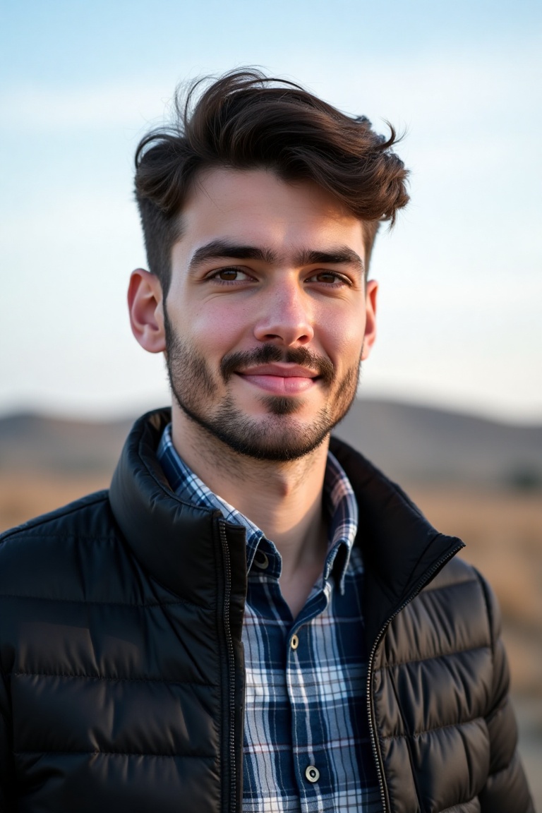 A close-up shot of a young man with dark brown hair and dark eyes,  is looking directly at the camera. He is wearing a bla...