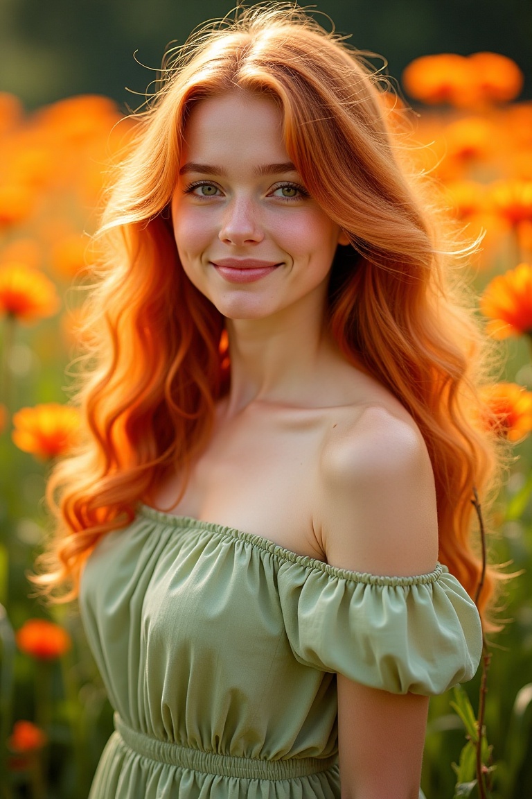 A young woman with long,  wavy,  red hair stands in a field of bright orange flowers on Tensor.Art