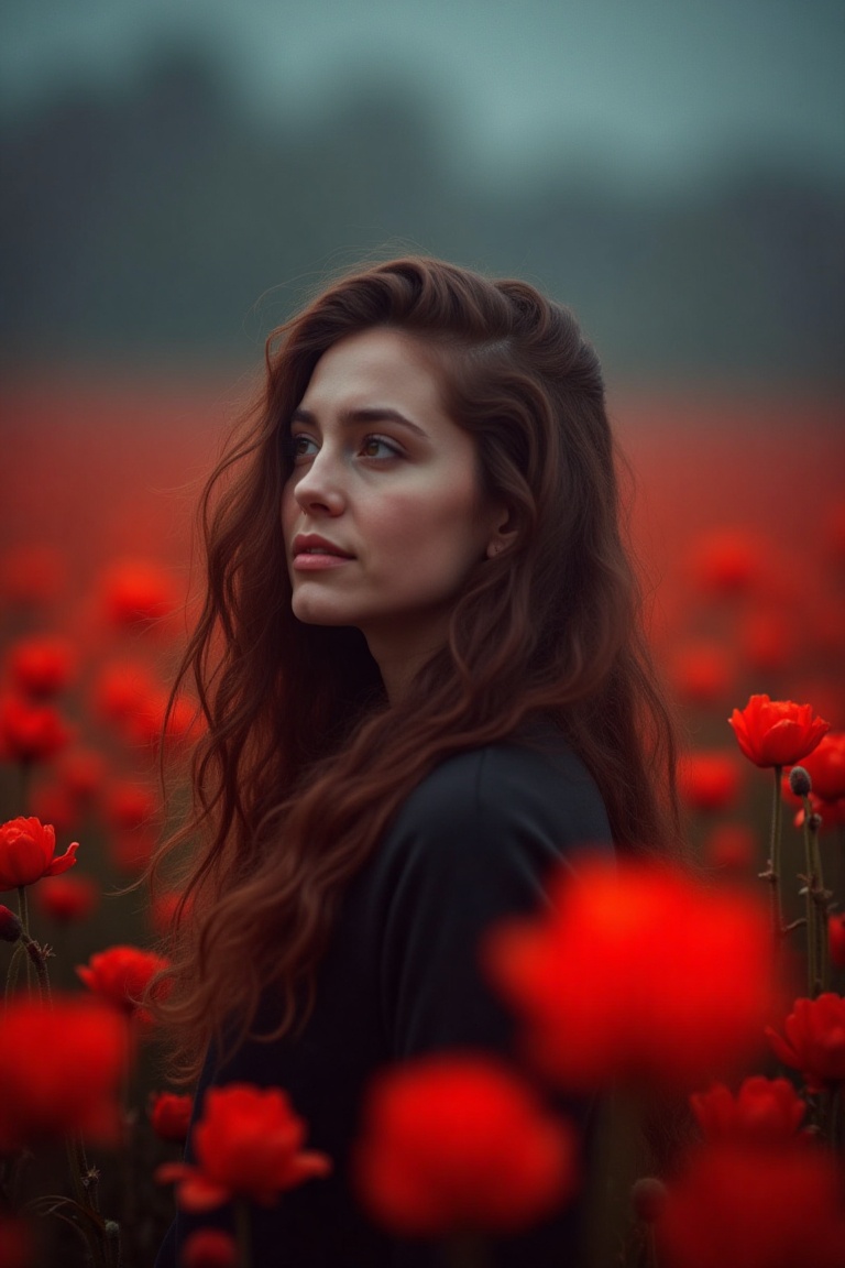 A photograph of a woman standing in a field of red flowers,  with a dreamy and ethereal atmosphere. The woman has fair ski...