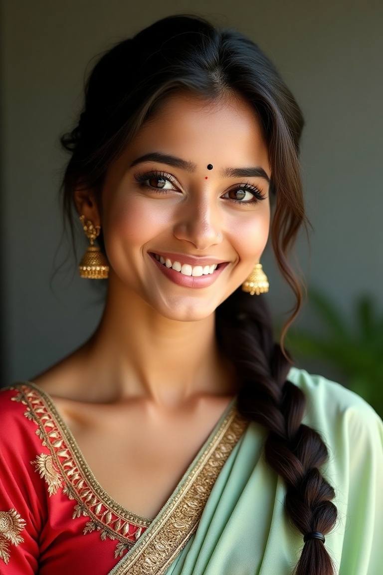 A breathtaking portrait of a young Indian woman with a warm,  radiant smile,  exuding grace and elegance. She has deep bro...