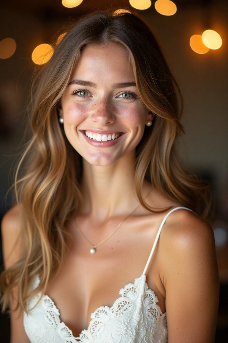 a young woman with long,  wavy,  light brown hair. She is wearing a sleeveless on Tensor.Art