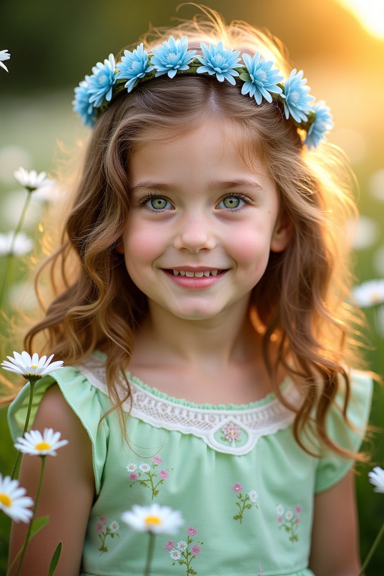 A portrait of a young girl,  captured outdoors during what appears to be the golden hour,  with sunlight filtering through...