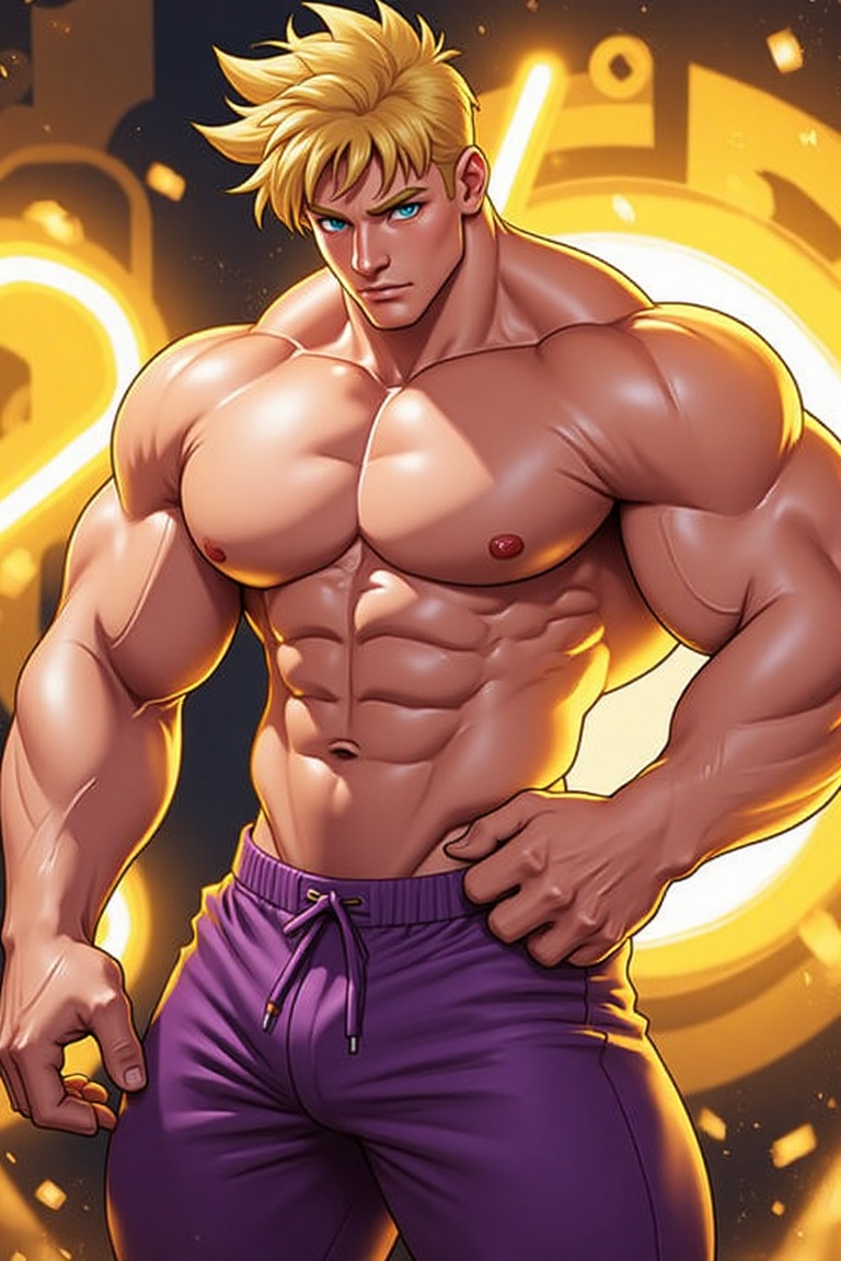 The image depicts a muscular male character with spiky blond hair and blue eyes. He is standing confidently with his hands...