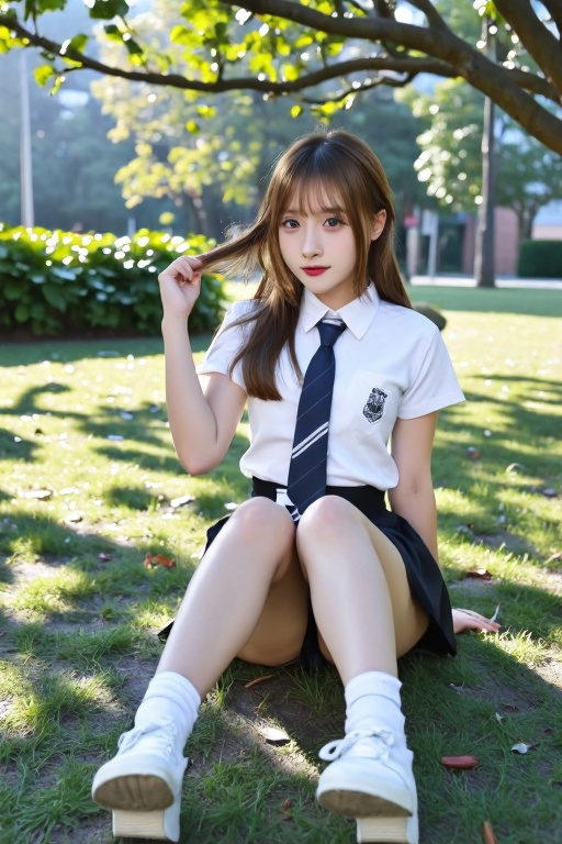 A serene afternoon scene unfolds: a solo Asian girl sits amidst the gentle rustling of leaves,  her long hair cascading do...