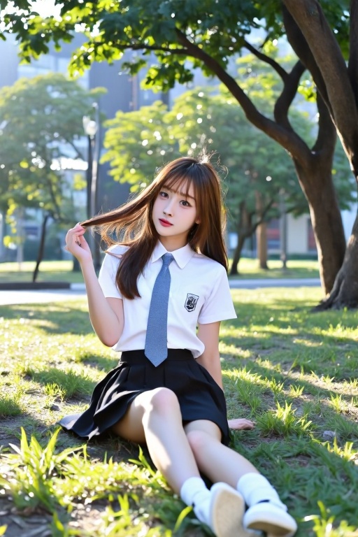 A serene afternoon scene unfolds: a solo Asian girl sits amidst the gentle rustling of leaves,  her long hair cascading do...