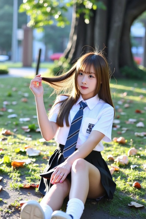 A serene afternoon scene unfolds: a solo Asian girl sits amidst the gentle rustling of leaves,  her long hair cascading do...