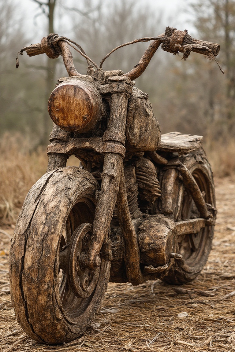 photograph of a motorbike made of 0ldwood,  on the battlefield setting,  professional photograph on Tensor.Art