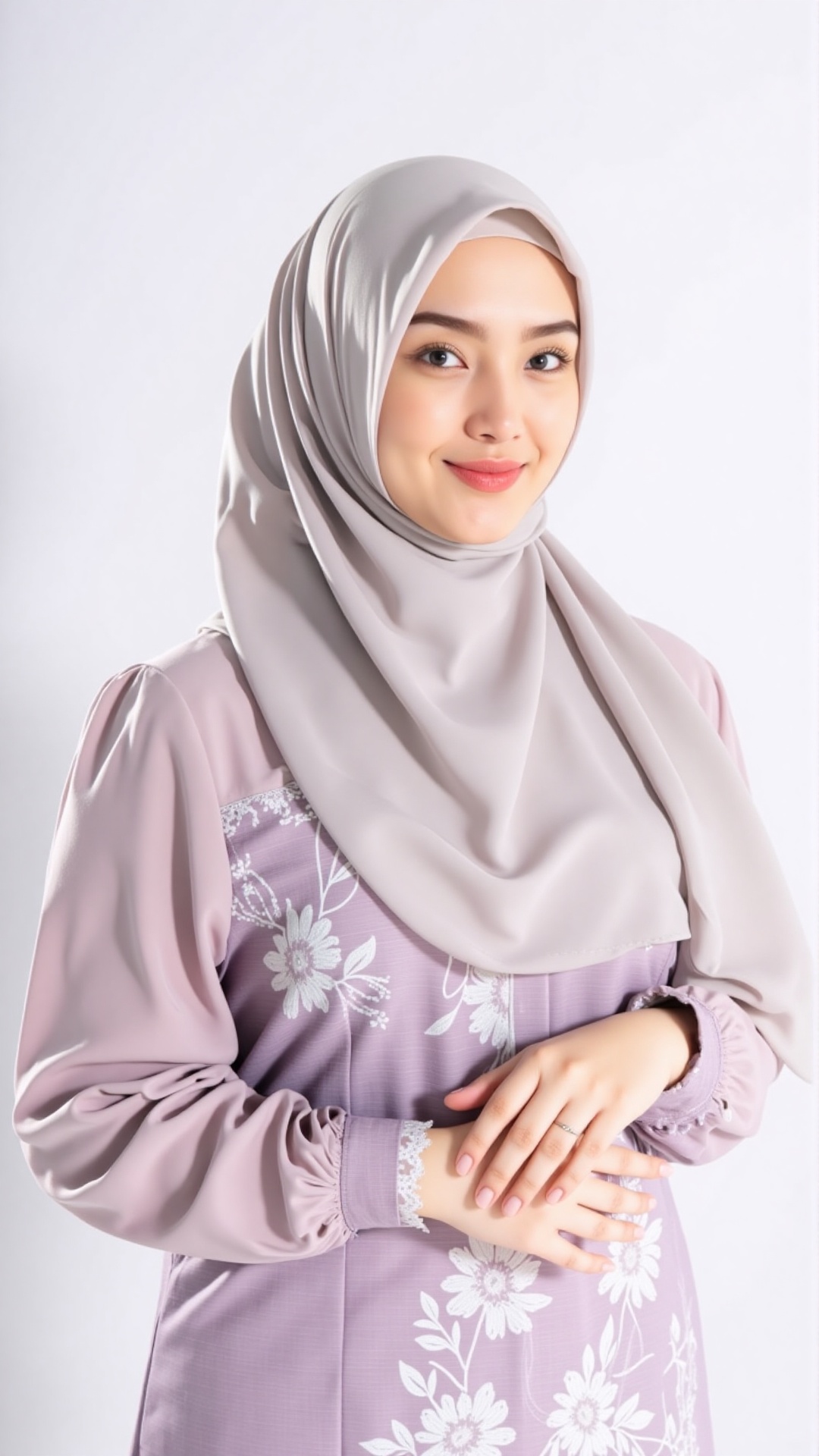 A young woman with a fair complexion and soft features stands against a plain white background. She is wearing a light gra...