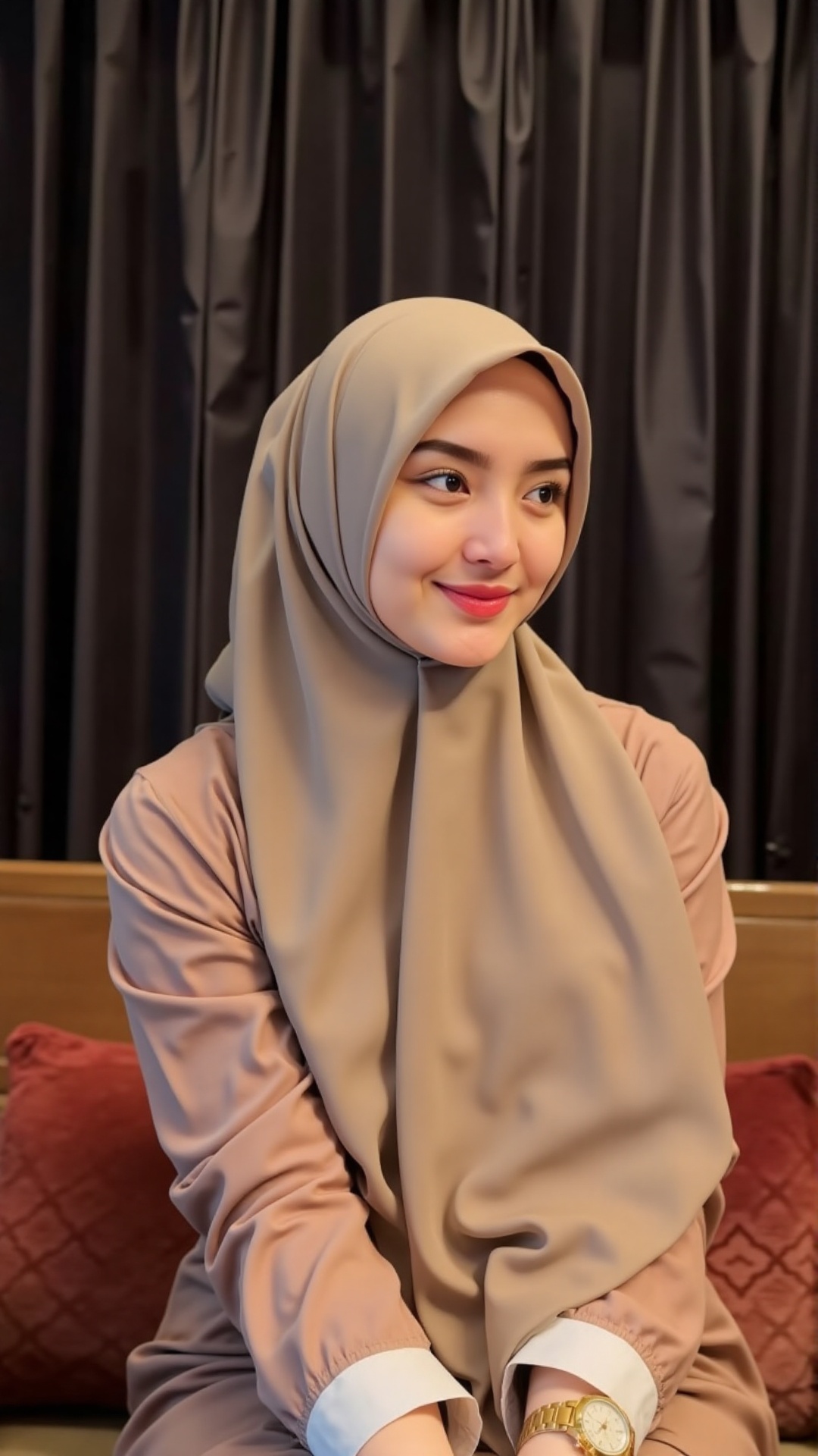 Photograph of a young woman in a modest,  traditional outfit,  sitting indoors. She wears a beige hijab and matching long-...