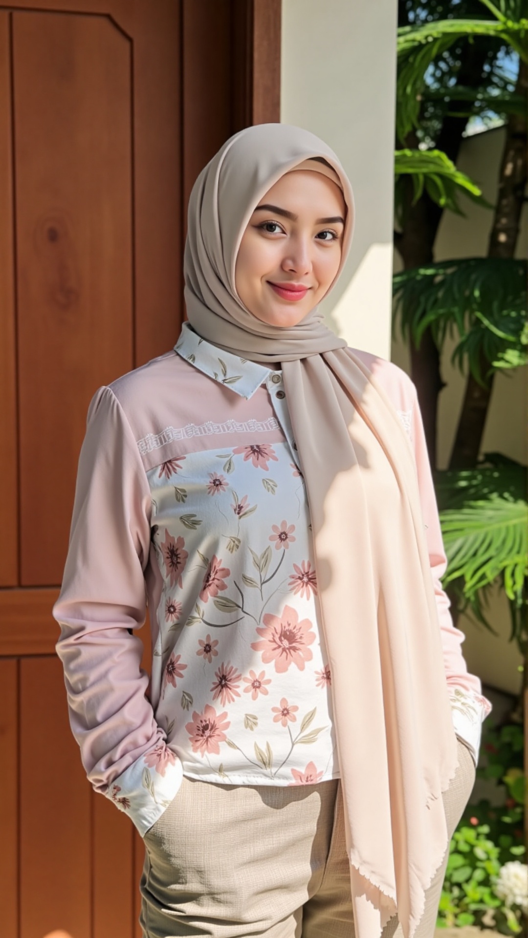 Photograph of a young woman in a garden,  standing near a wooden door. She is wearing a light beige hijab and a long-sleev...