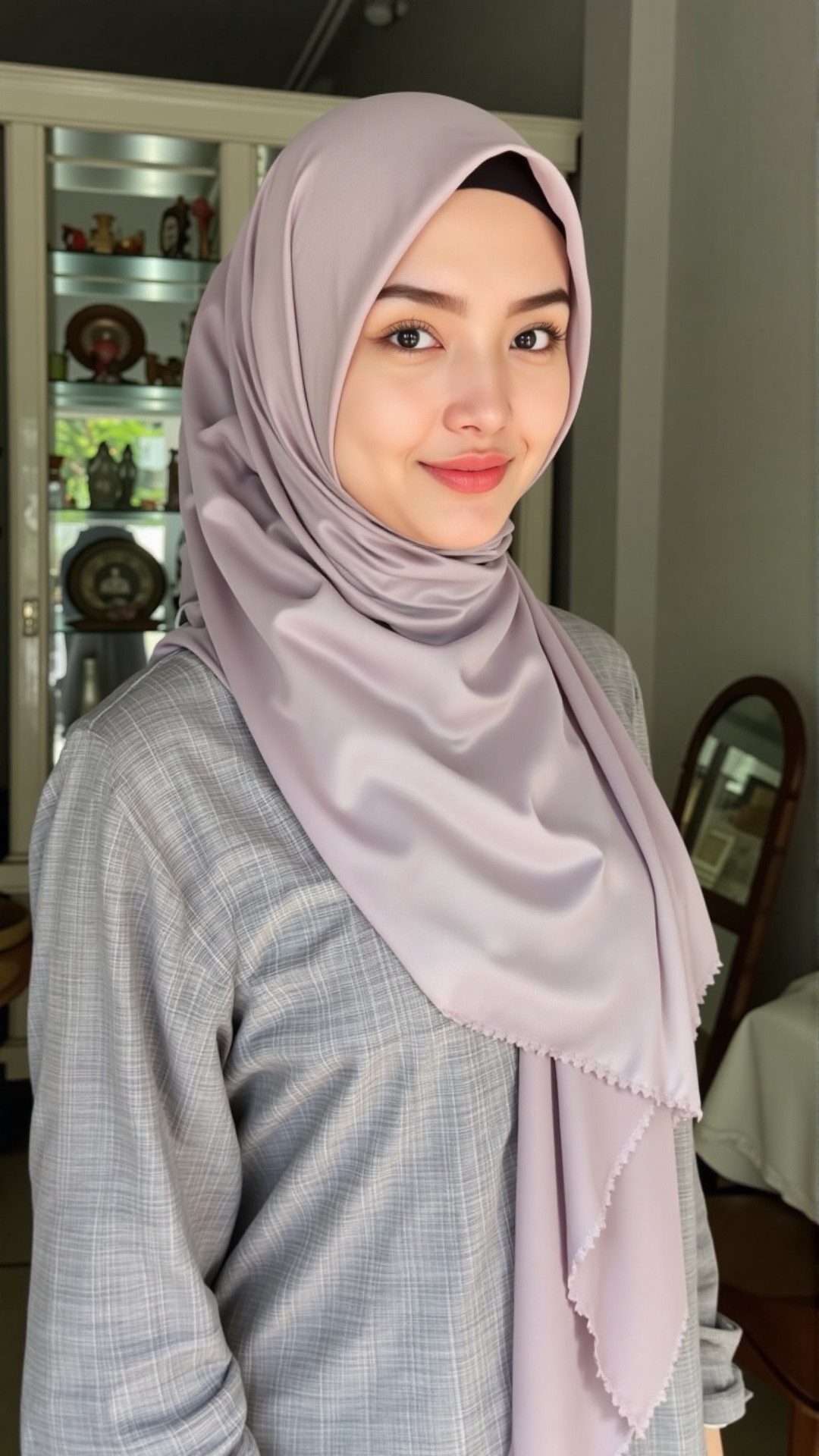 Photograph of a young Southeast Asian woman with light skin and straight black hair,  wearing a pale lavender hijab and ma...