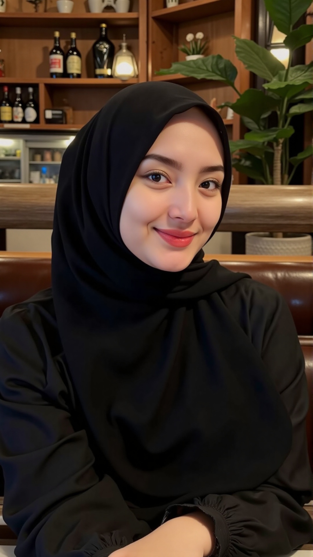 Photograph of a young woman with light skin,  wearing a black hijab and matching black dress,  sitting in a cozy on Tensor...