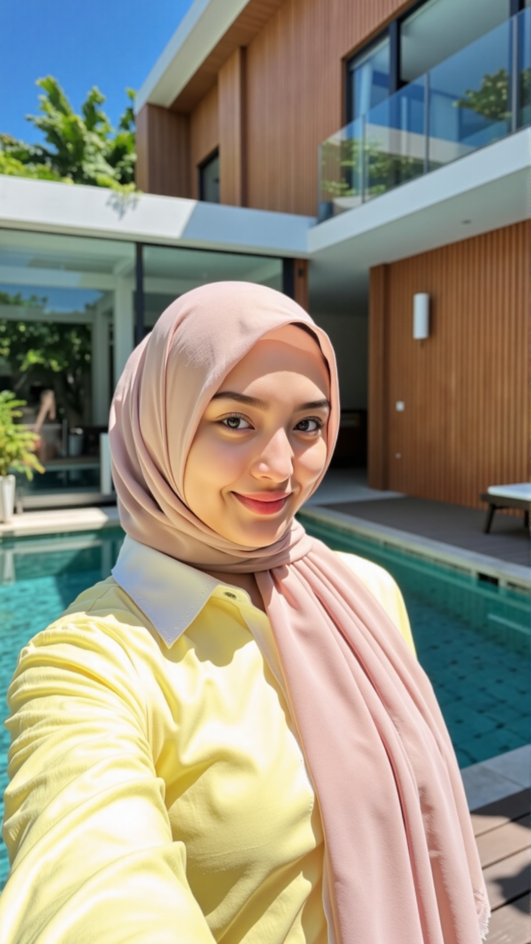 Photograph of a young woman taking a selfie by a poolside. She is wearing a light pink hijab and a yellow long-sleeved shi...