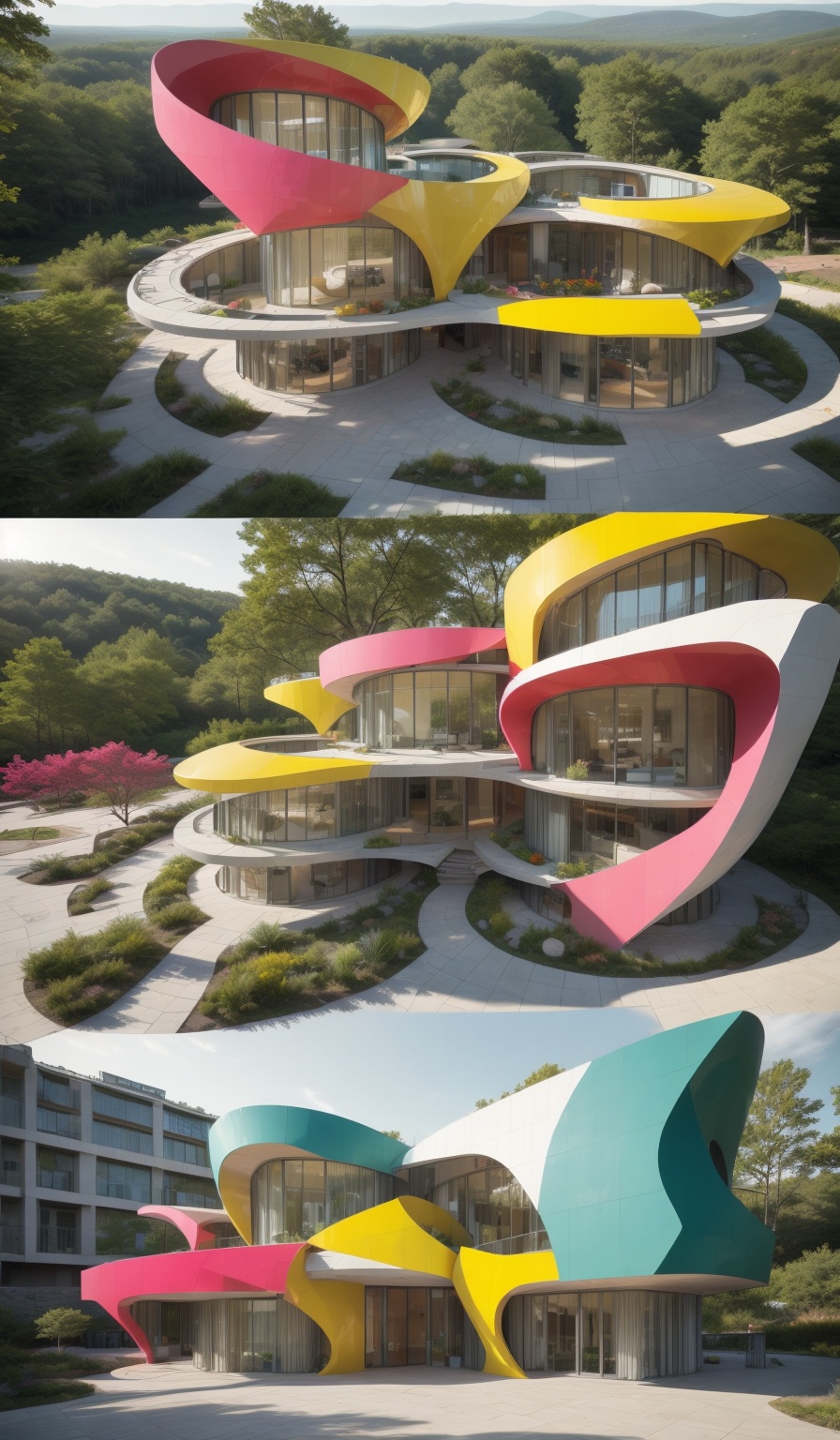 "Create an abstract design collage inspired by modernist deconstructivist architecture,  modern greenhouse,  focusing on g...
