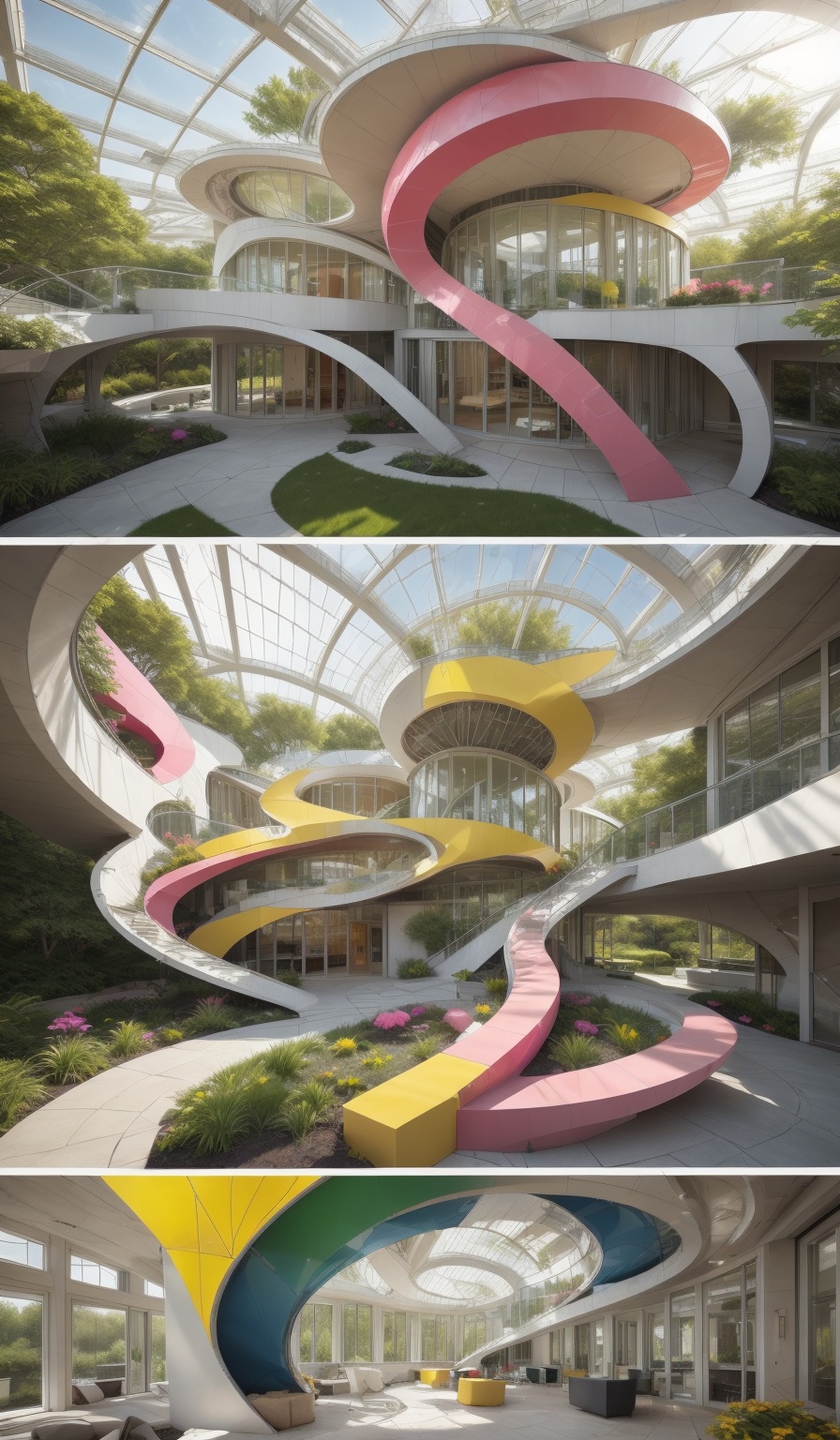"Create an abstract design collage inspired by modernist deconstructivist architecture,  modern greenhouse,  focusing on g...