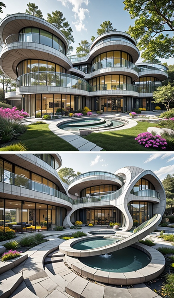 "Create an abstract design collage inspired by modernist deconstructivist architecture,  modern greenhouse,  focusing on g...