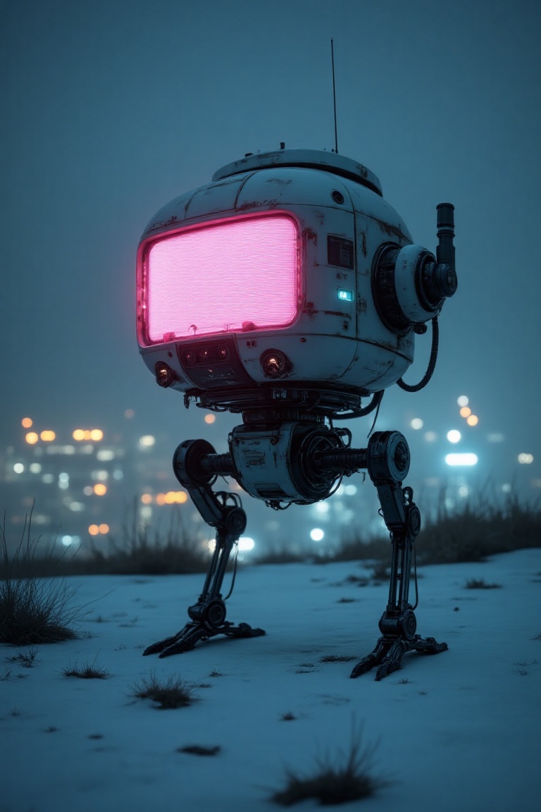 Close-up of a cyberpunk outdoor scene at night,  featuring a retro-industrial robot with metallic legs and a neon pink dig...