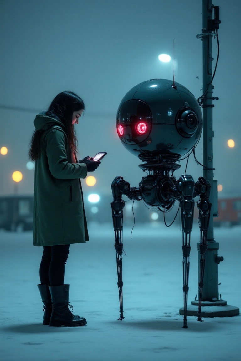 Close-up of A nighttime cyberpunk scene in a quiet,  snow-covered city. A woman with long,  dark hair on Tensor.Art