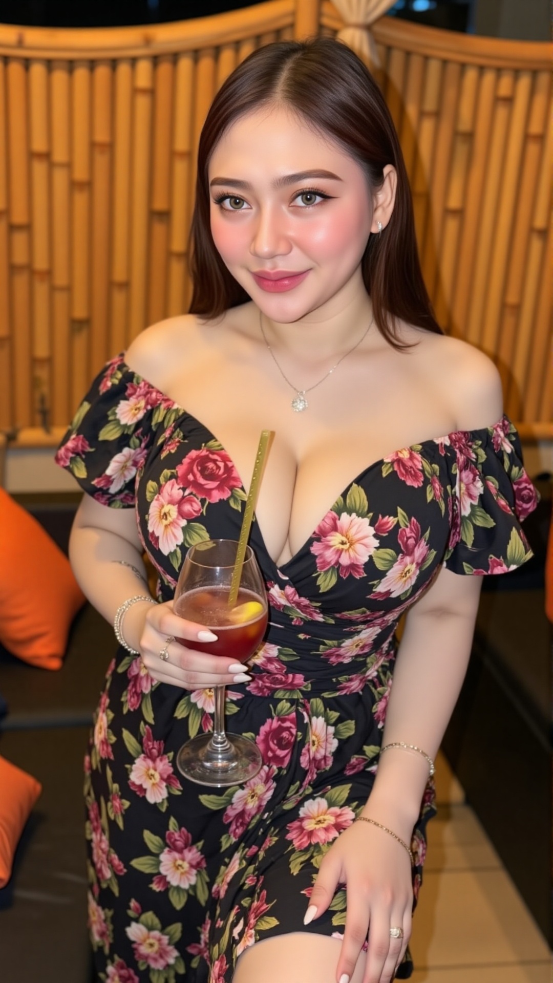 Photograph of a young Asian woman with long,  straight brown hair,  wearing a floral on Tensor.Art