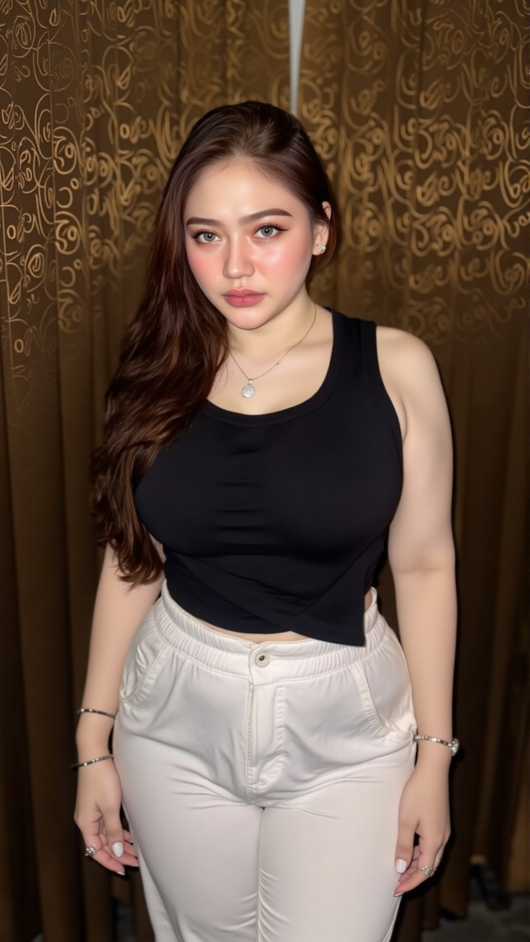 Photograph of a young Asian woman with long,  wavy brown hair,  standing in front of a patterned on Tensor.Art