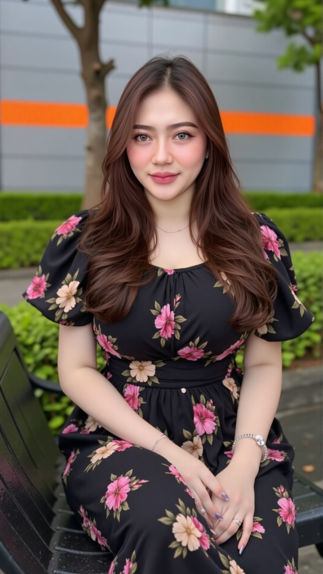 A young woman with long,  wavy brown hair sits on a black metal bench in a park. She wears a black floral dress with pink...