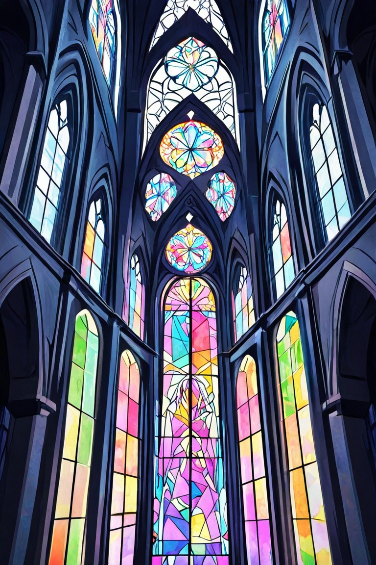 Anime girl inside a giant cathedral where stained glass windows paint the walls in rainbow hues,  artistic anime on Tensor...