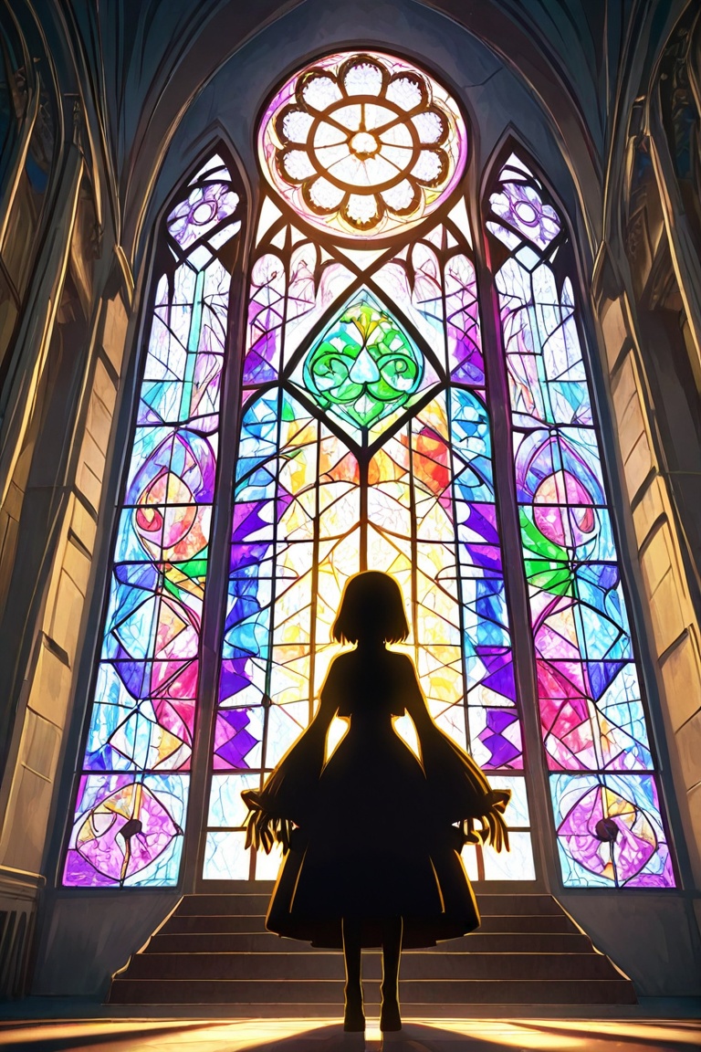 Anime girl inside a giant cathedral where stained glass windows paint the walls in rainbow hues,  artistic anime on Tensor...
