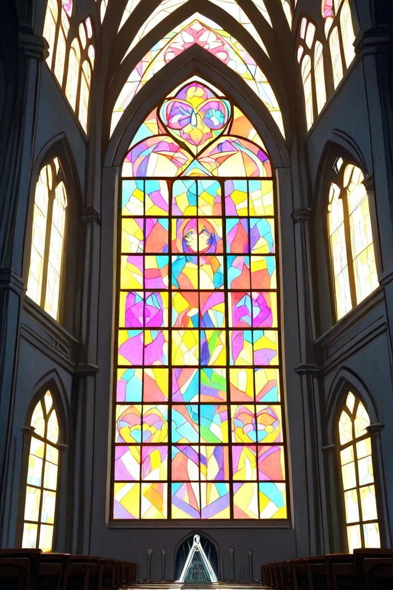 Anime girl inside a giant cathedral where stained glass windows paint the walls in rainbow hues,  artistic anime on Tensor...