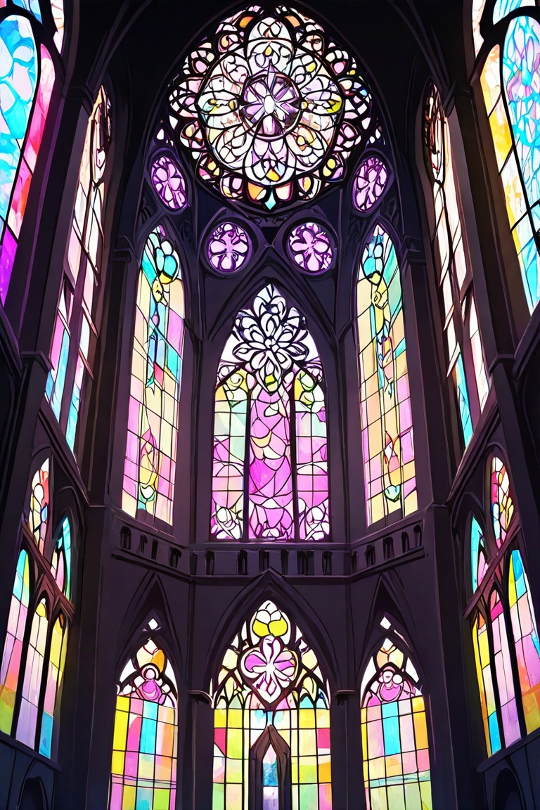 Anime girl inside a giant cathedral where stained glass windows paint the walls in rainbow hues,  artistic anime on Tensor...