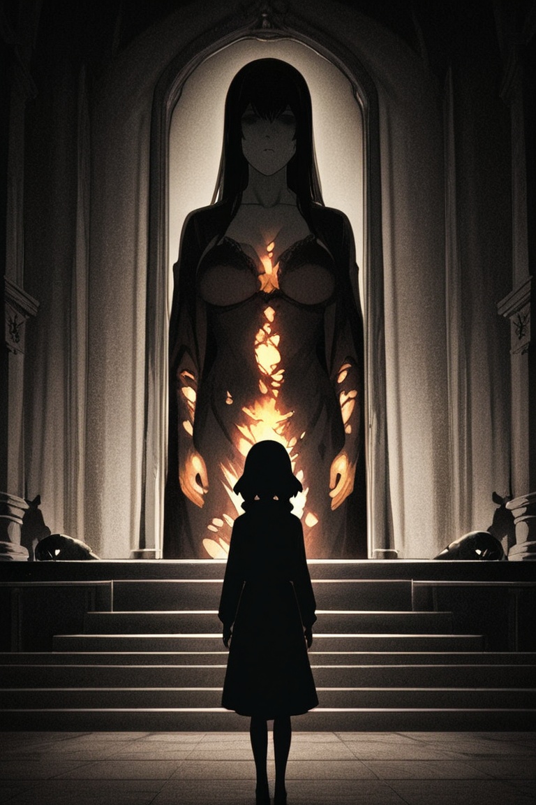 Anime girl visiting a burned-out museum where ash forms ghost paintings,  dark and haunting anime art" on Tensor.Art